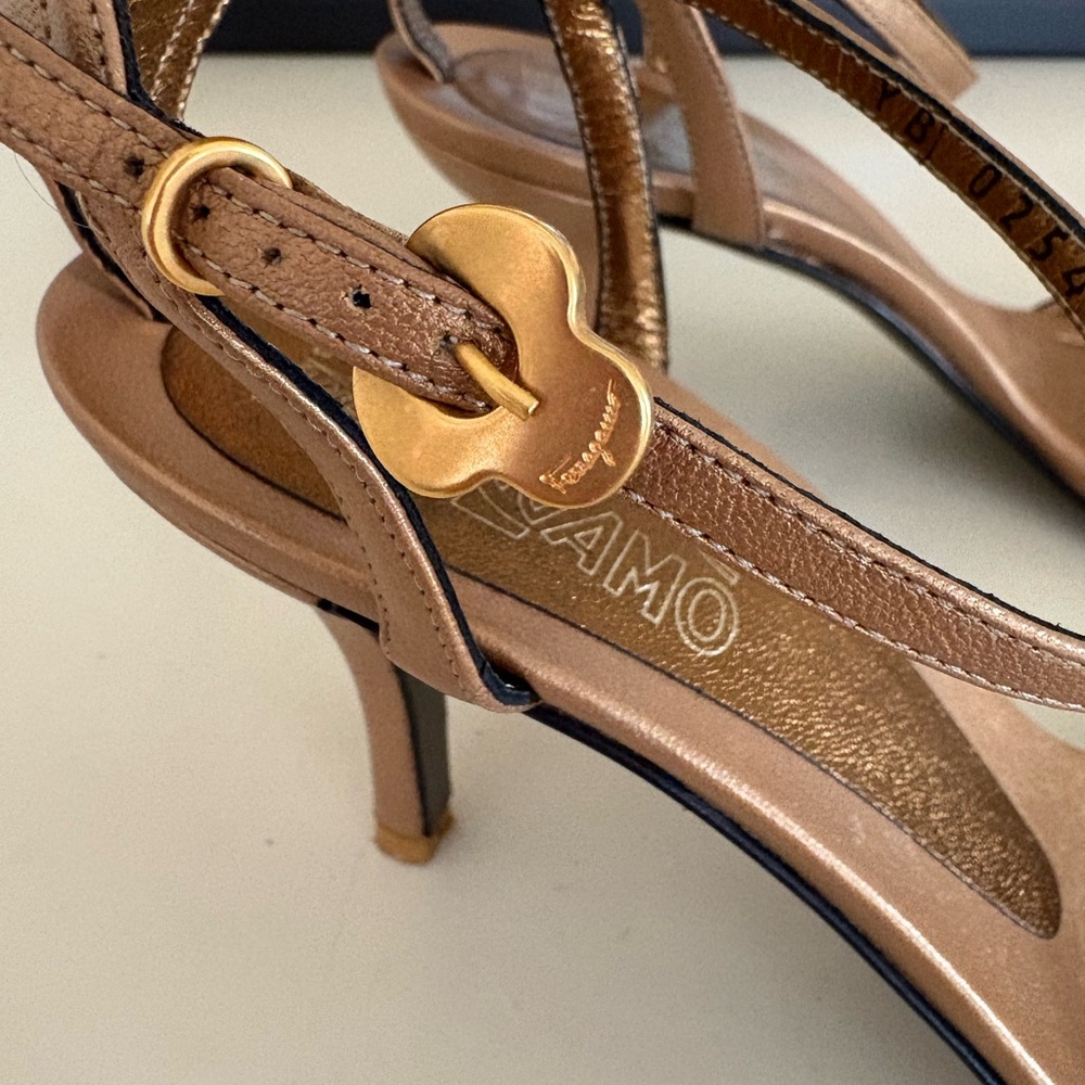 Salvatore Ferragamo Metallic Tan Strappy Ankle‑Strap Heels - Picture 5 of 8